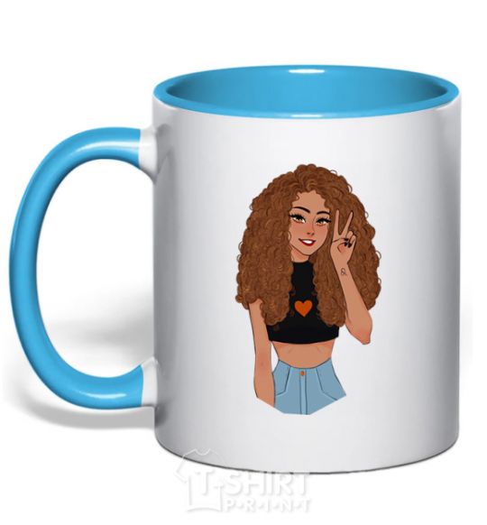 Mug with a colored handle Lion girl V.1 sky-blue фото