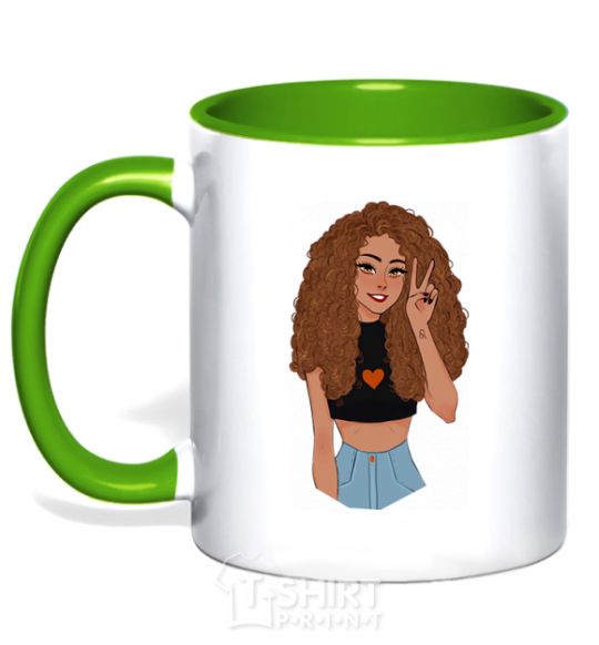 Mug with a colored handle Lion girl V.1 kelly-green фото