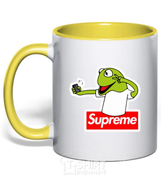 Mug with a colored handle Supreme frog yellow фото