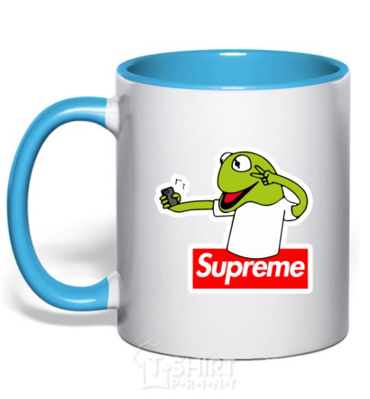 Mug with a colored handle Supreme frog sky-blue фото