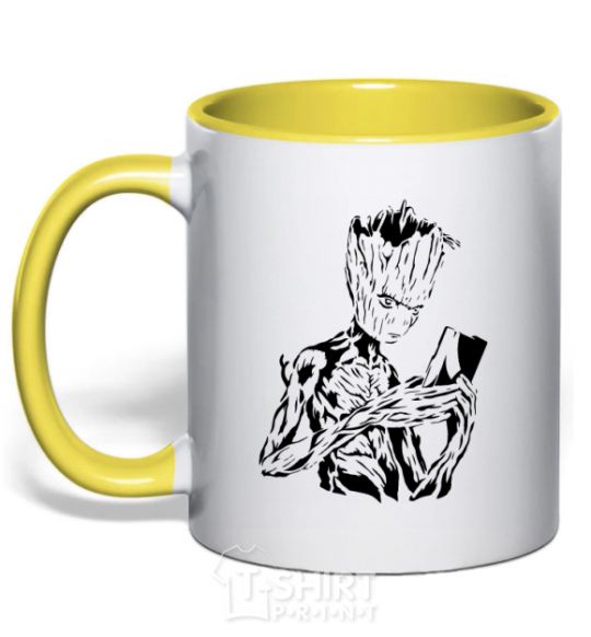 Mug with a colored handle Groot and the book yellow фото