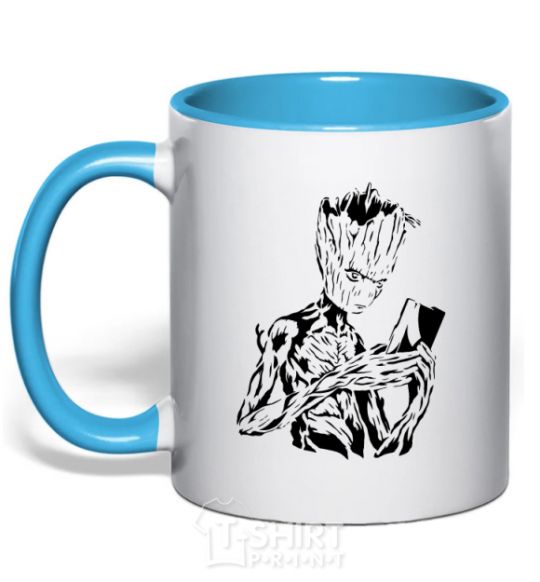 Mug with a colored handle Groot and the book sky-blue фото