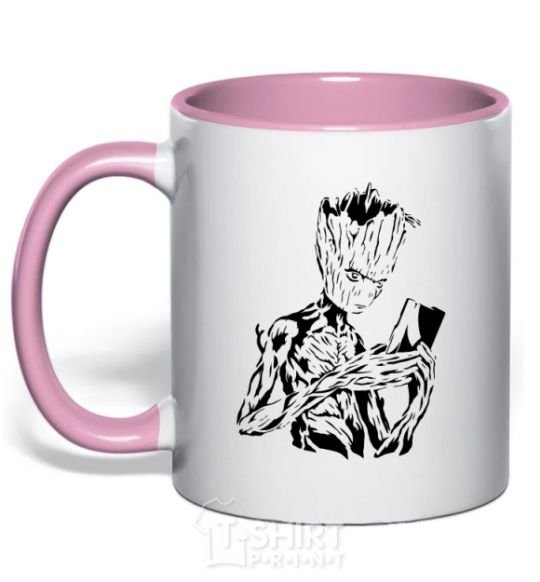 Mug with a colored handle Groot and the book light-pink фото