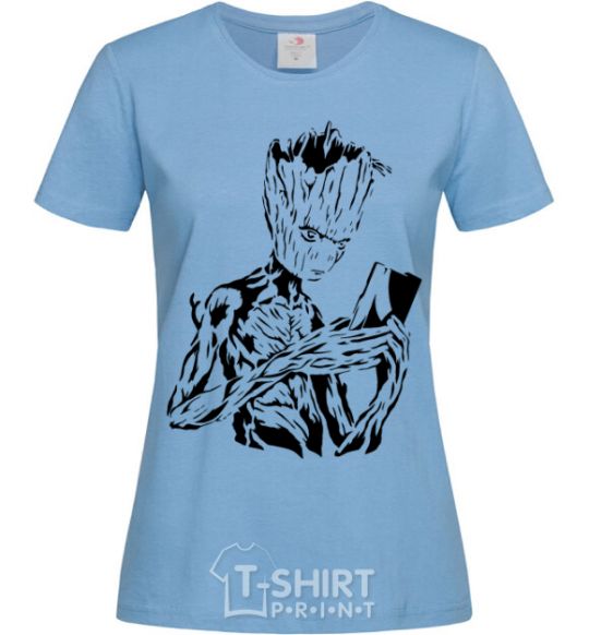 Women's T-shirt Groot and the book sky-blue фото