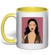 Mug with a colored handle Rihanna art yellow фото