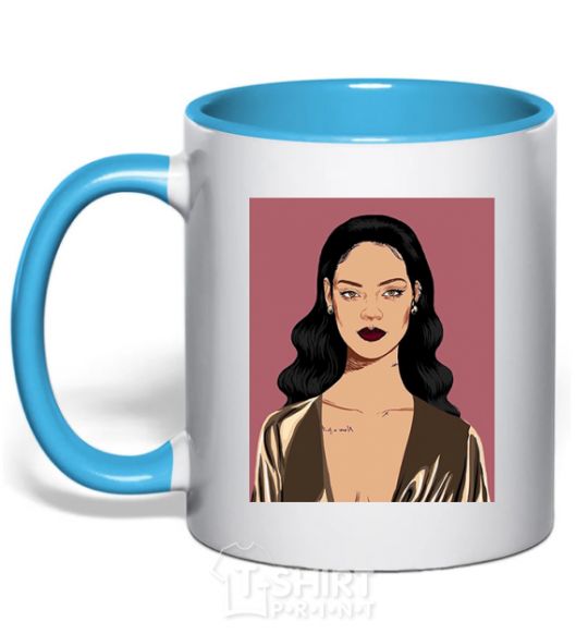 Mug with a colored handle Rihanna art sky-blue фото