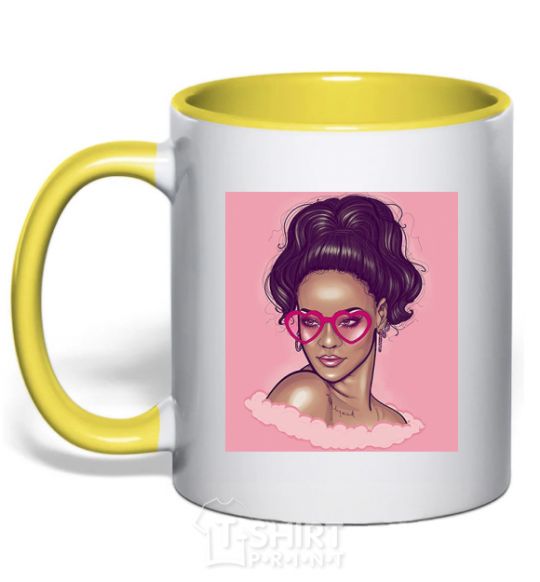 Mug with a colored handle Rihanna pink yellow фото