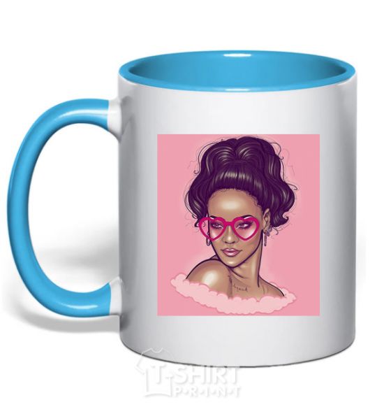 Mug with a colored handle Rihanna pink sky-blue фото