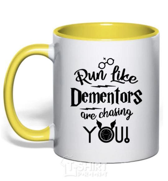 Mug with a colored handle Run like dementors are chasing you yellow фото