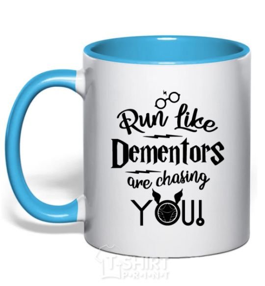 Mug with a colored handle Run like dementors are chasing you sky-blue фото