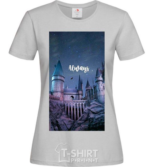 Women's T-shirt Night Hogwarts inscription is always grey фото