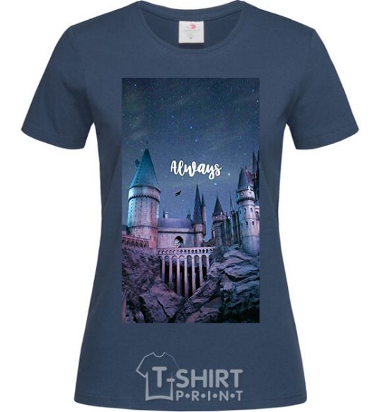 Women's T-shirt Night Hogwarts inscription is always navy-blue фото
