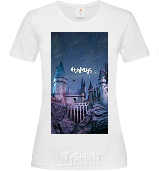 Women's T-shirt Night Hogwarts inscription is always White фото