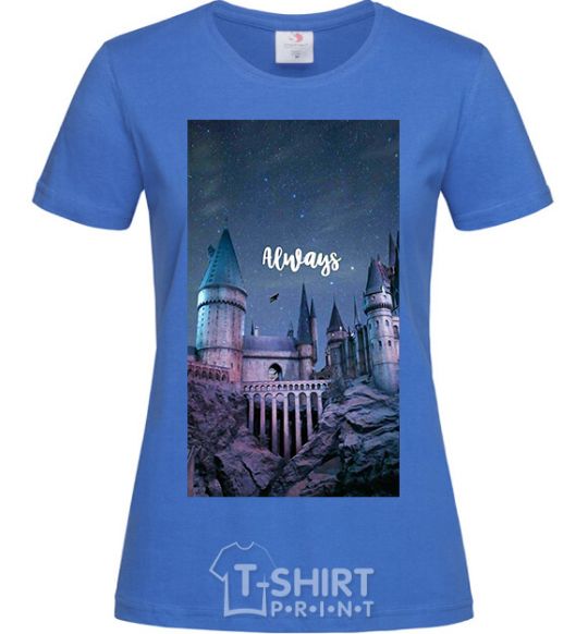 Women's T-shirt Night Hogwarts inscription is always royal-blue фото