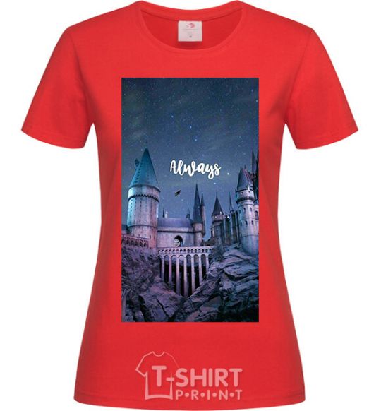 Women's T-shirt Night Hogwarts inscription is always red фото