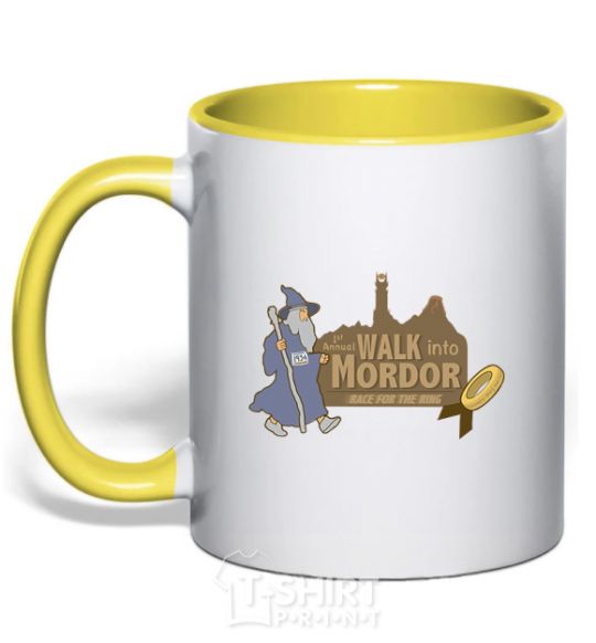Mug with a colored handle Walk into Mordor race for the ring yellow фото