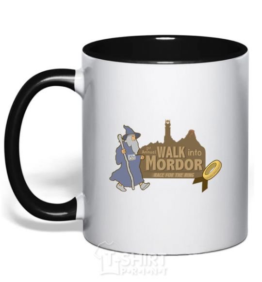 Mug with a colored handle Walk into Mordor race for the ring black фото