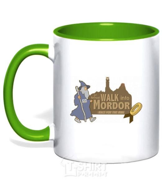 Mug with a colored handle Walk into Mordor race for the ring kelly-green фото