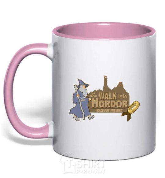 Mug with a colored handle Walk into Mordor race for the ring light-pink фото