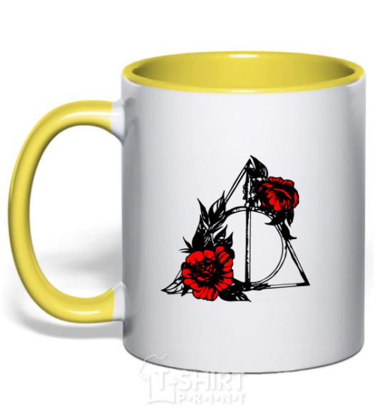 Mug with a colored handle Deadly relics with flowers yellow фото