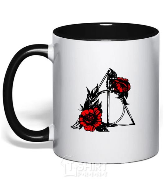 Mug with a colored handle Deadly relics with flowers black фото