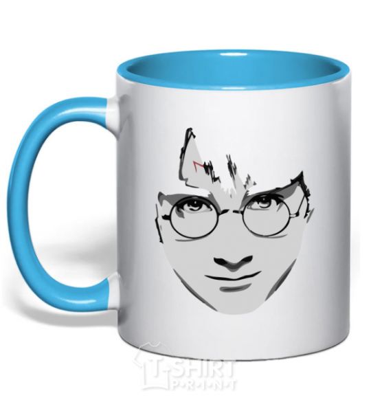 Mug with a colored handle Harry Potter's face sky-blue фото