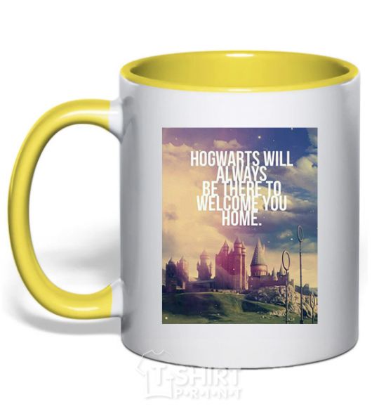 Mug with a colored handle Hogwarts will always be there to welcome you home yellow фото
