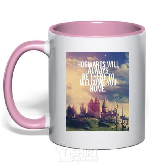 Mug with a colored handle Hogwarts will always be there to welcome you home light-pink фото