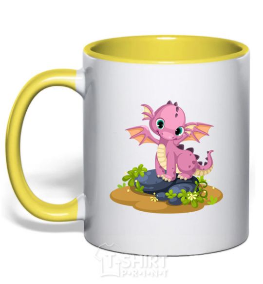 Mug with a colored handle Pink dinosaur yellow фото