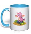 Mug with a colored handle Pink dinosaur sky-blue фото