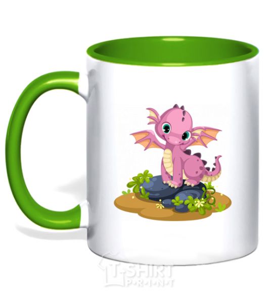 Mug with a colored handle Pink dinosaur kelly-green фото