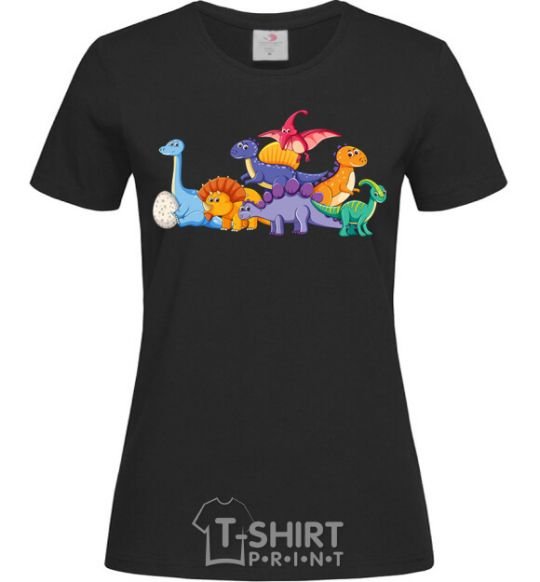 Женская футболка Маленькие динозавры разноцветные Черный фото