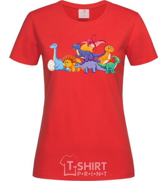 Женская футболка Маленькие динозавры разноцветные Красный фото