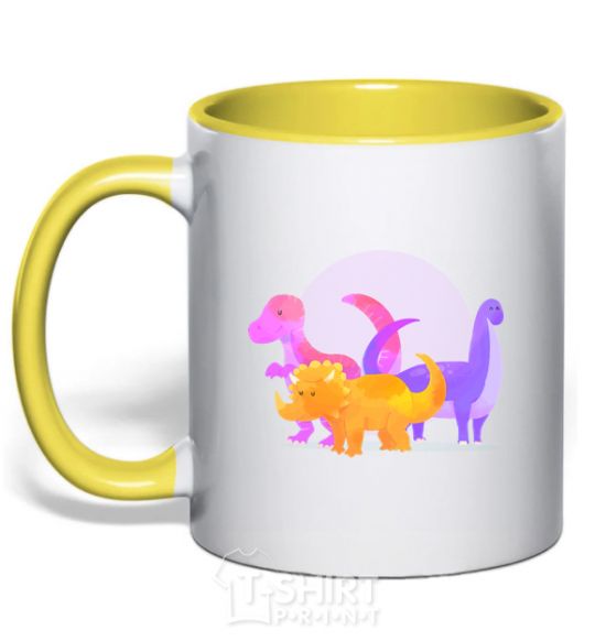 Mug with a colored handle Drawing of dinosaurs yellow фото