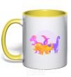 Mug with a colored handle Drawing of dinosaurs yellow фото