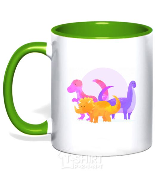Mug with a colored handle Drawing of dinosaurs kelly-green фото