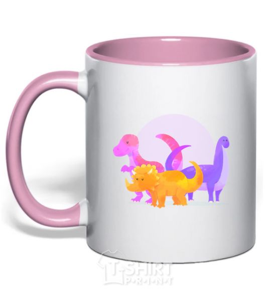 Mug with a colored handle Drawing of dinosaurs light-pink фото