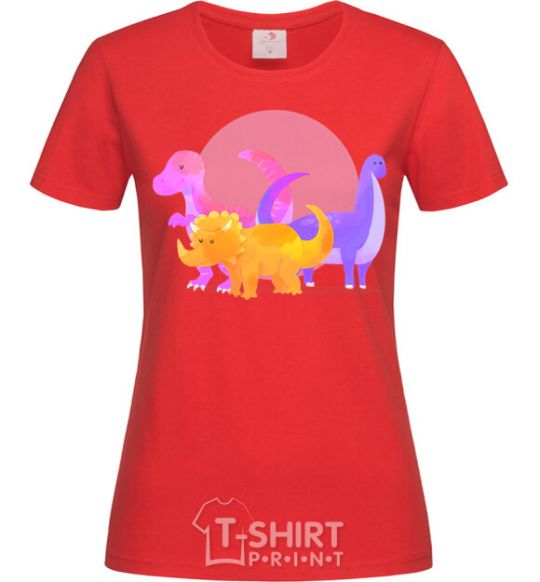 Women's T-shirt Drawing of dinosaurs red фото