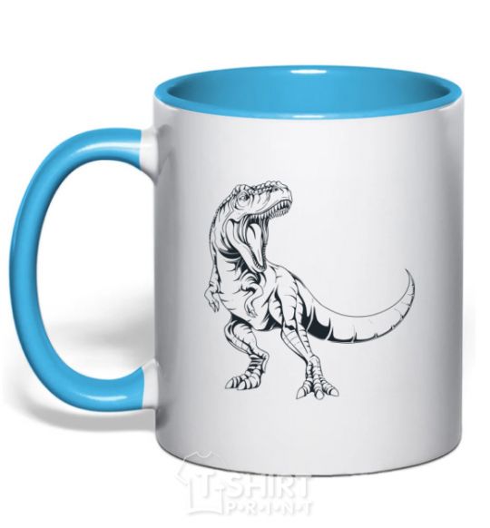 Mug with a colored handle Evil dinosaur sky-blue фото