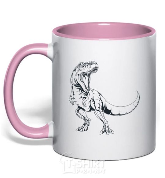 Mug with a colored handle Evil dinosaur light-pink фото