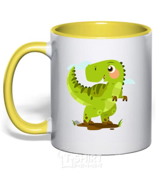 Mug with a colored handle A joyful dinosaur yellow фото