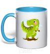 Mug with a colored handle A joyful dinosaur sky-blue фото