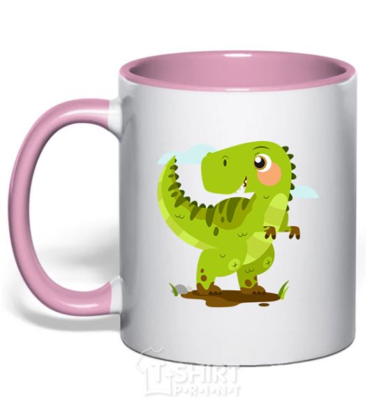 Mug with a colored handle A joyful dinosaur light-pink фото