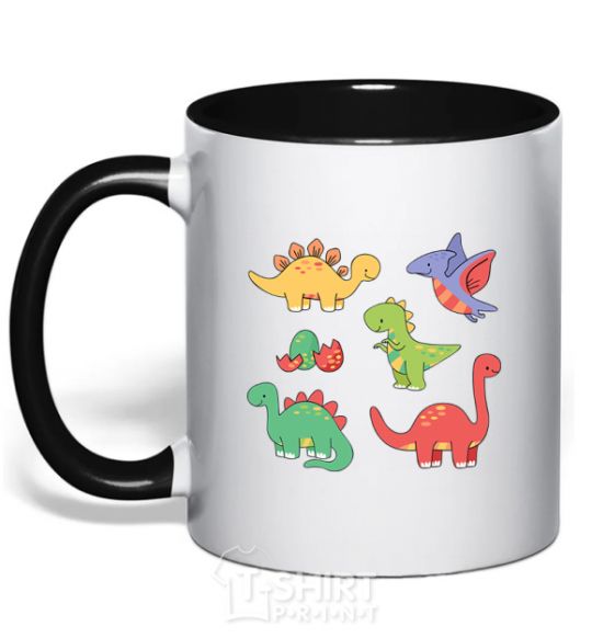 Mug with a colored handle Mini dinos black фото