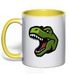 Mug with a colored handle Screaming dino yellow фото