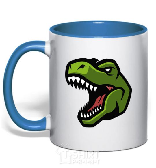 Mug with a colored handle Screaming dino royal-blue фото