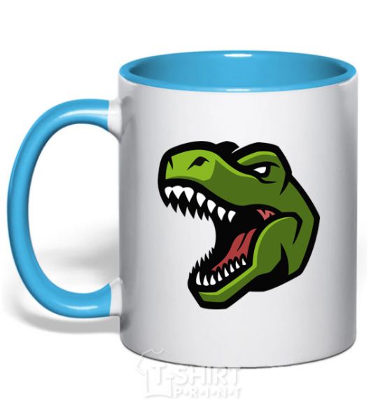 Mug with a colored handle Screaming dino sky-blue фото