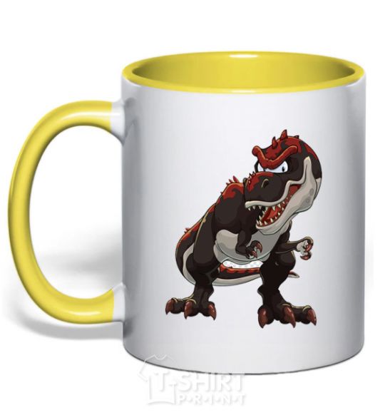 Mug with a colored handle Red dinosaur yellow фото