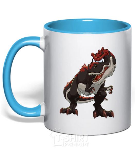 Mug with a colored handle Red dinosaur sky-blue фото