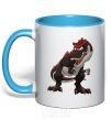 Mug with a colored handle Red dinosaur sky-blue фото